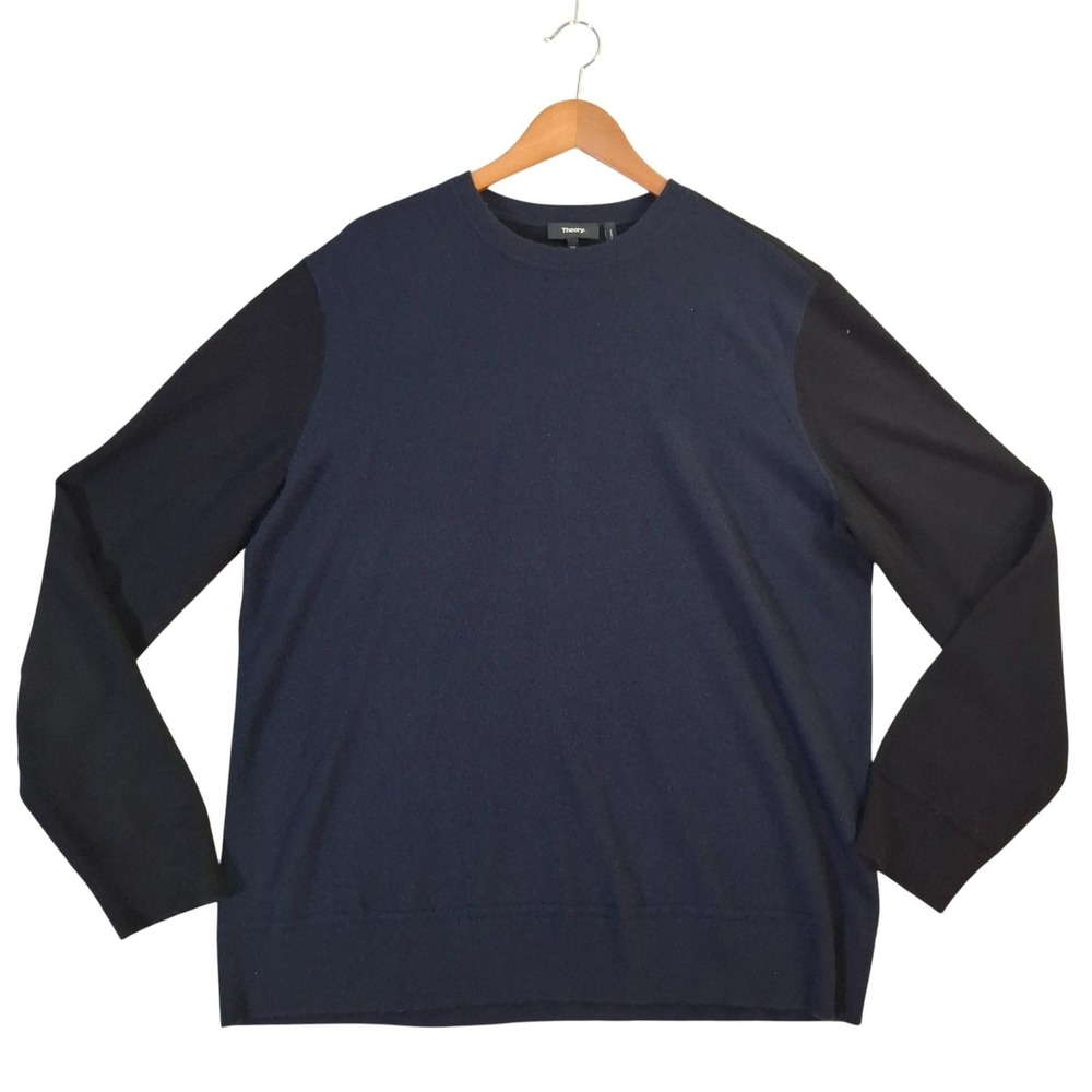 Theory Cashmere Sweater Men's 2XL Navy Black Hilles Crewneck Colorblock Pullover